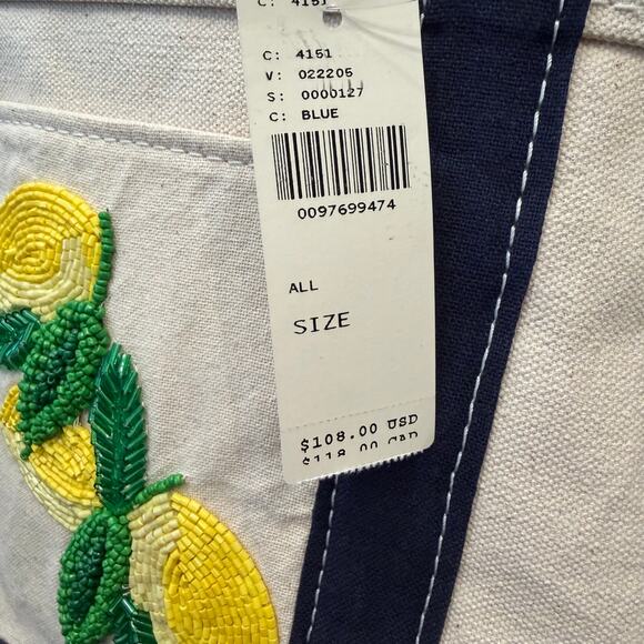 NWT Anthropologie The Hartley Cotton Canvas Tote Blue Beaded Lemon Print - Picture 4 of 11